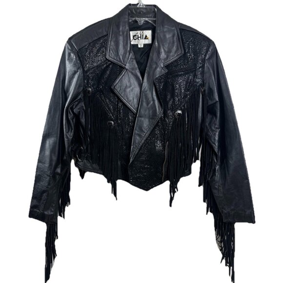 VTG Chia Medium Black Leather Animal Print Crop Fringed Concho Jacket EUC - Picture 1 of 12